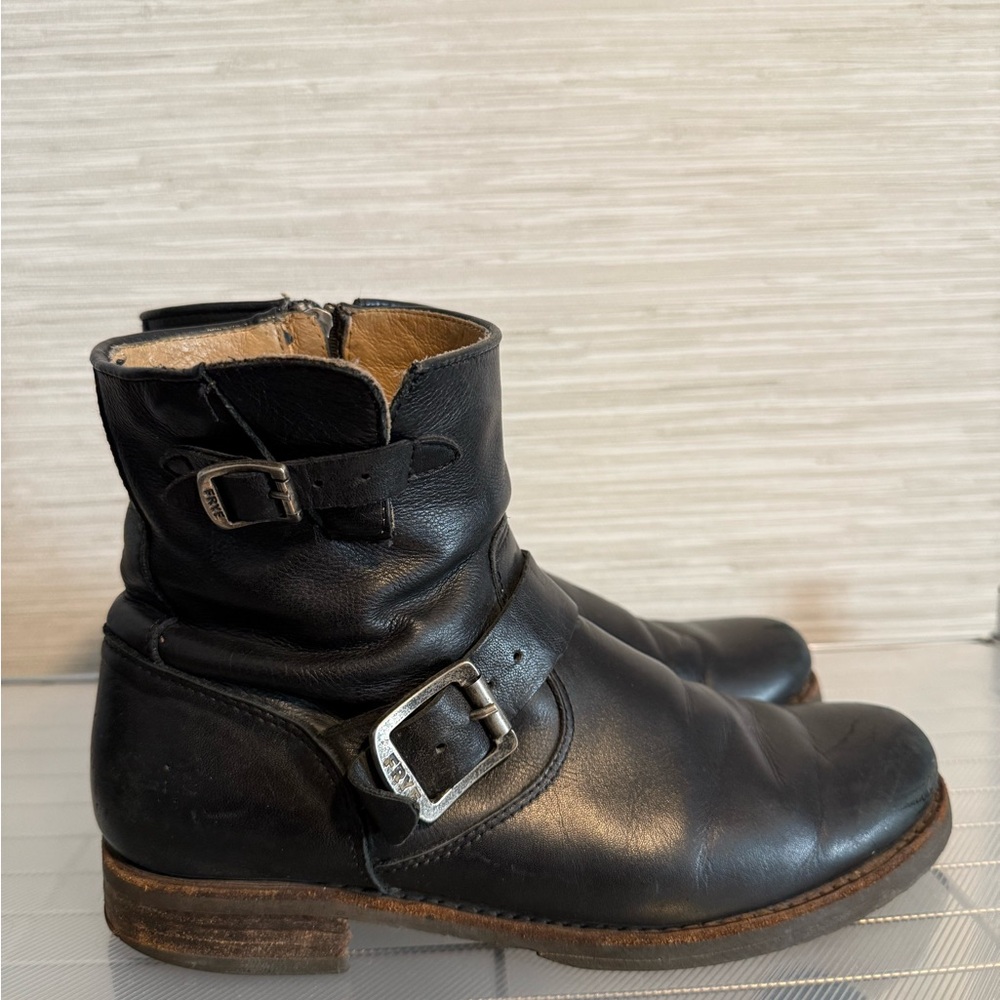 Frye Black Leather Buckle Boots 10